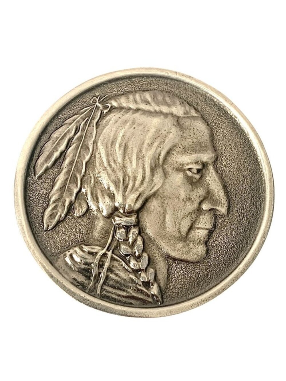 Vintage Native American Profile Pewter Belt Buckle With Feather Detailing